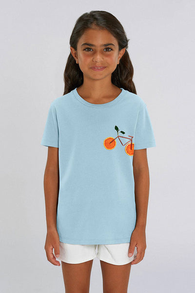 Light blue Kids Orange Bicycle Crew Neck T-Shirt, 100% organic cotton, for girls & for boys 