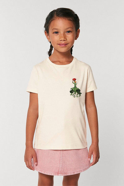 Beige Girls Floral Crew Neck T-Shirt, 100% organic cotton