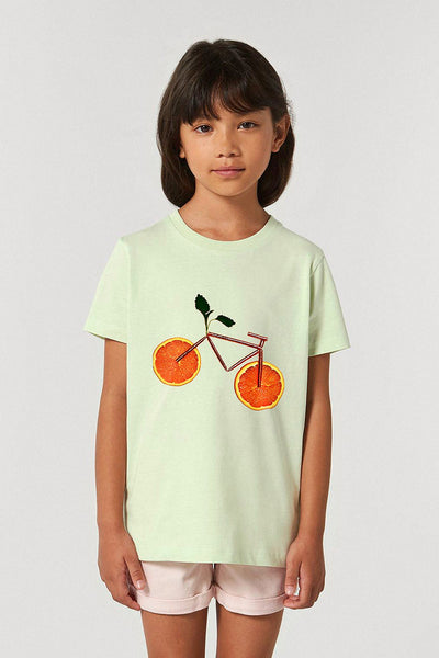 Light green Kids Orange Bicycle Graphic T-Shirt, 100% organic cotton, for girls & for boys 