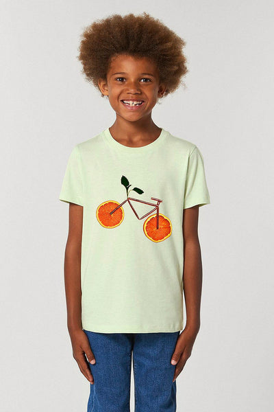 Light green Kids Orange Bicycle Graphic T-Shirt, 100% organic cotton, for girls & for boys 