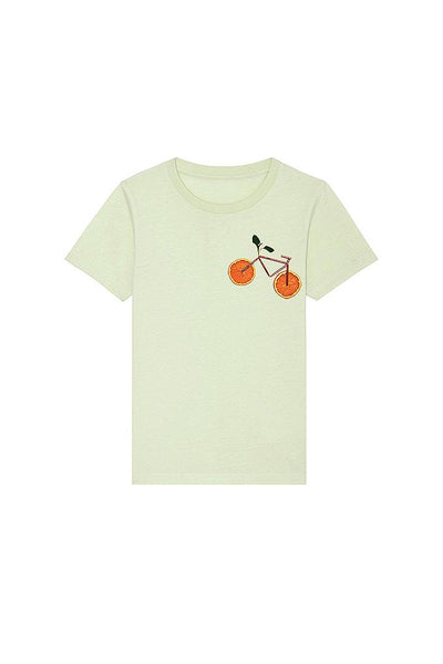 Light green Kids Orange Bicycle Crew Neck T-Shirt, 100% organic cotton, for girls & for boys 