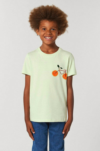 Light green Kids Orange Bicycle Crew Neck T-Shirt, 100% organic cotton, for girls & for boys 