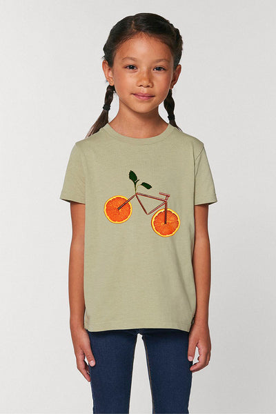 Sage green Kids Orange Bicycle Graphic T-Shirt, 100% organic cotton, for girls & for boys 