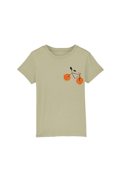 Sage green Kids Orange Bicycle Crew Neck T-Shirt, 100% organic cotton, for girls & for boys 