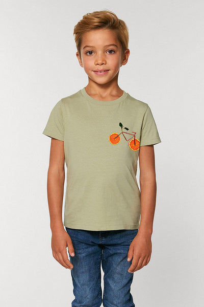 Sage green Kids Orange Bicycle Crew Neck T-Shirt, 100% organic cotton, for girls & for boys 