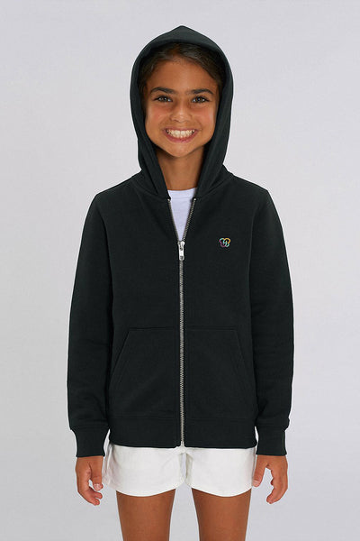 Black Kids Embroidered Logo Zip Hoodie, Medium-weight, from organic cotton blend, for girls & for boys 