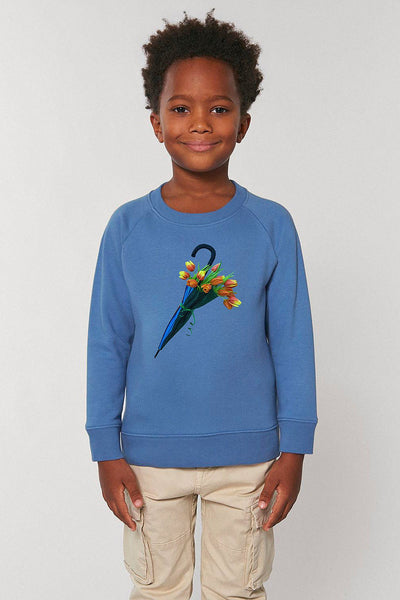 Blue Kids Blooming Umbrella Sweatshirt, Medium-weight, from organic cotton blend, for girls & for boys 