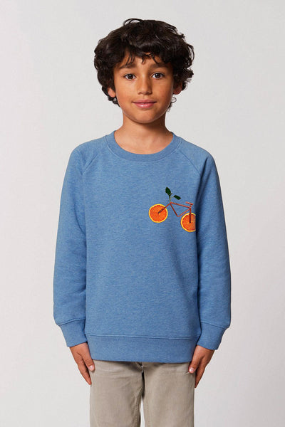 Blue Kids Orange Bicycle Sweatshirt, Medium-weight, from organic cotton blend, for girls & for boys 