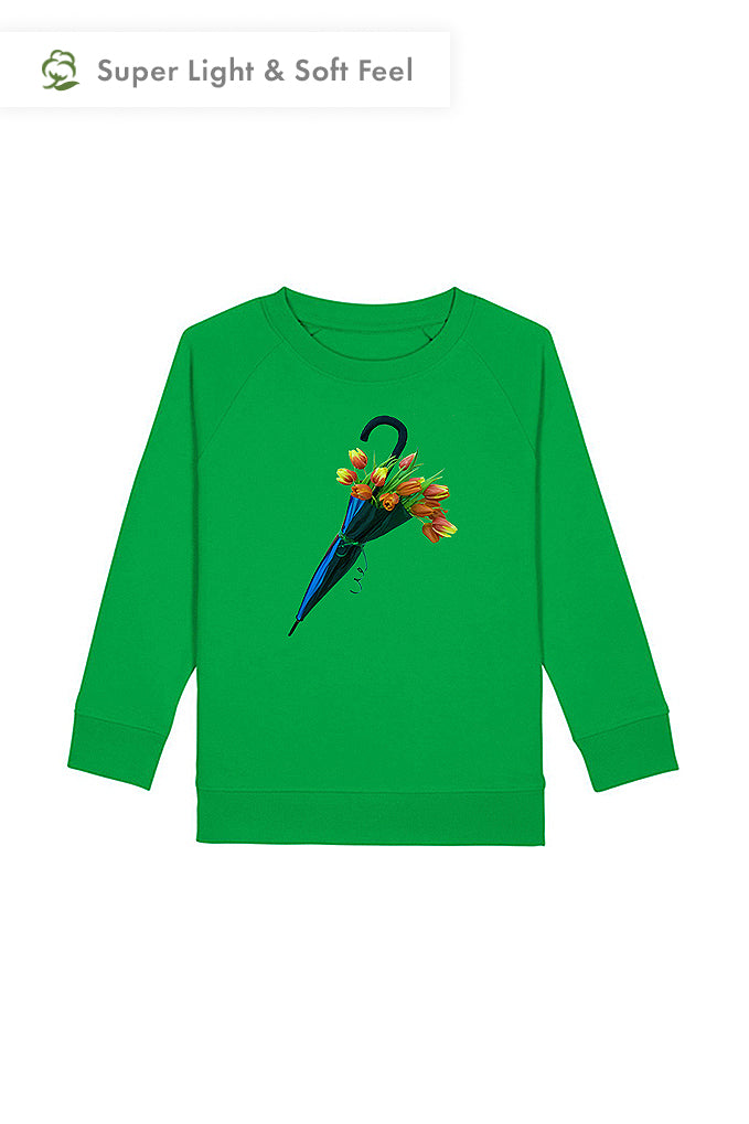Green Kids Blooming Umbrella Sweatshirt, Medium-weight, from organic cotton blend, for girls & for boys 