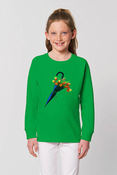 Green Kids Blooming Umbrella Sweatshirt, Medium-weight, from organic cotton blend, for girls & for boys 