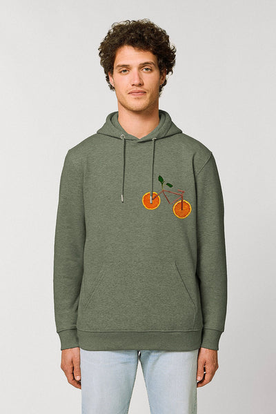 Khaki Orange Bicycle Printed Hoodie, Heavyweight, from organic cotton blend, Unisex, for Women & for Men 