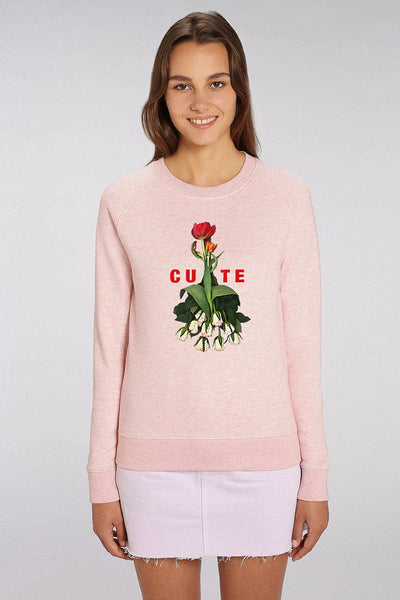 Light Pink Women Cute Floral Printed Sweatshirt, Medium-weight, from organic cotton blend
