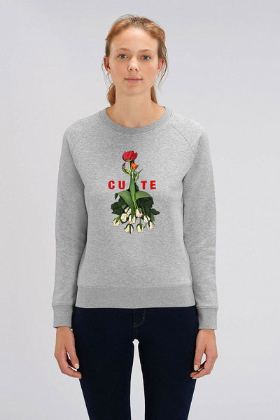 Grey Women Cute Floral Printed Sweatshirt, Medium-weight, from organic cotton blend