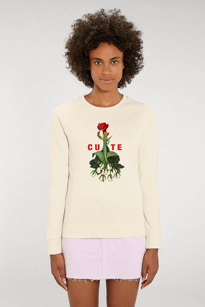 Beige Women Cute Floral Printed Sweatshirt, Medium-weight, from organic cotton blend