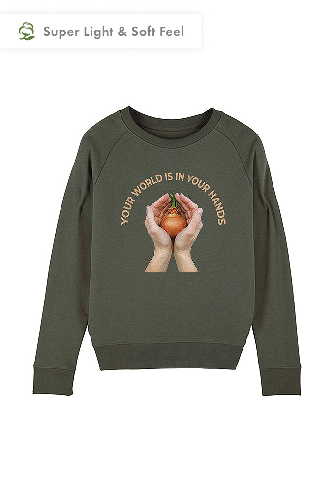 Khaki Women Your World Graphic Sweatshirt, Medium-weight, from organic cotton blend